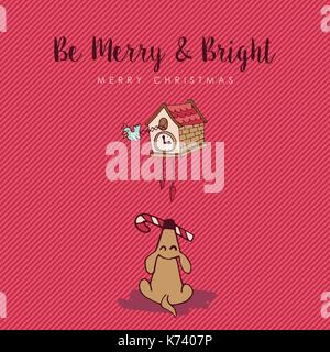 Frohe Weihnachten Hand gezeichnet Grußkarte Abbildung. Cute Puppy mit Kuckuck Wecker und Urlaub Typografie Zitat. EPS 10 Vektor. Stock Vektor