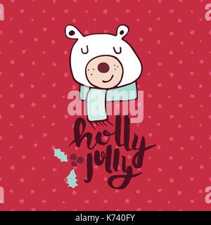 Frohe Weihnachten rot Hand gezeichnet Grußkarte. Cute Polar bear Cartoon mit handschriftlichen Urlaub Angebot. EPS 10 Vektor. Stock Vektor