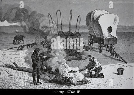 USA. Jagd auf Büffel. Der amerikanische Westen. Eine bufallo Hunter's Camp in Kansas. Gravur, 1877. Die Grafik. Stockfoto