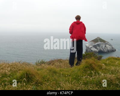 Junge Mann in Rot hoody Beobachten auf den Ozean Stockfoto