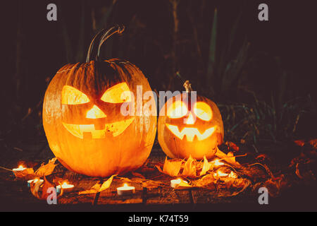 Halloween-Kürbisse Kopf Jack Laterne mit Kerzen rund um auf die alten Bretter in eine gruselige Nachtlandschaft. Soft-Fokus. flachen DOF Stockfoto