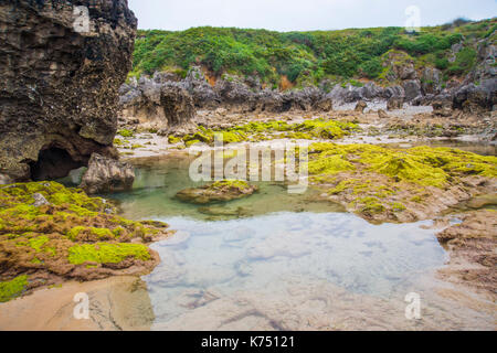 Pfützen. Torimbia Strand, Lena, Asturien, Spanien. Stockfoto