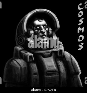 Astronaut Skizze auf dem schwarzen Hintergrund. cool science fiction Spaceman. ernsten Charakter im Raumanzug. Tag der Raumfahrt. Freehand digital zeichnen Stockfoto