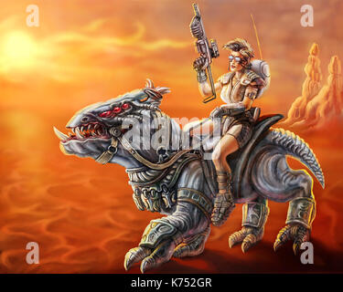 Fantastische amazon Mädchen mit Gewehr, ein Monster. science fiction Illustration. Freehand digitale Zeichnung. ernsten Charakter im Raumanzug. Stockfoto