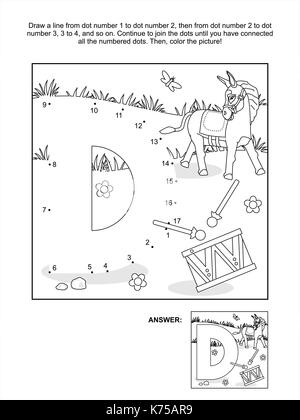 Pädagogische schließen Sie die Punkte Bild Puzzle und Färbung Seite - Buchstabe D, Esel und Trommel. Antwort enthalten. Stock Vektor
