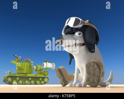 Hund Tanker 3d-Abbildung. lustig Bull Terrier auf blauem Hintergrund. cartoon Charakter. Stockfoto