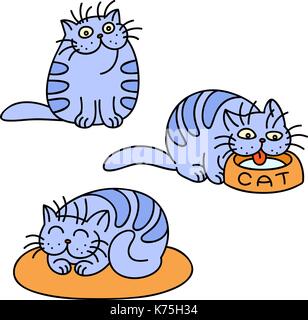 Blaue Katzen emoticons eingestellt. lustige Cartoon coolen Charakter. Kontur Freihand digitale Zeichnung cute Pet. Freundliche Kätzchen Kollektion für Web Icons und Shirt. Stock Vektor