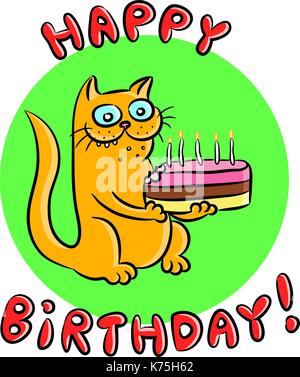 Cat gratuliert zum Geburtstag und einen Kuchen präsentieren. Vector Illustration Stock Vektor