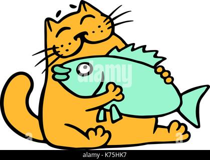 Süße orange Katze schmusen big fish. lustige Cartoon coolen Charakter. freundliche Haustier. Vector Illustration. Stock Vektor