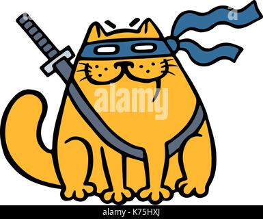 Cute Fat Ninja Katze in eine Maske und ein Schwert. Lustige cartoon coolen Charakter. Kontur Freihand digitale Zeichnung. Weiße Farbe Hintergrund. Isolierte Vektor illu Stock Vektor