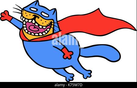 Cute Super Katze in einem Regenmantel ist Fliegen, um die Welt zu retten. lustige Cartoon coolen Charakter. weiße Farbe Hintergrund. isolierte Vector Illustration. Stock Vektor