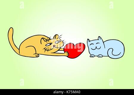 Süße Liebe gelbe und blaue farben Katzen am Valentinstag. Tomcat bietet eine große rote Herzen Pussycat auf einem Datum. Romantische Stimmung. Geschenk herzlich. Stock Vektor