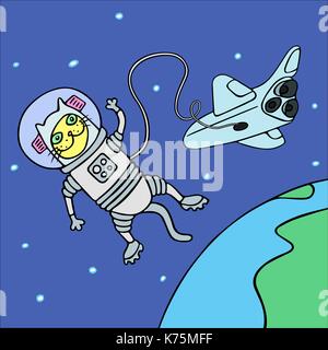 Cartoon Katze Astronaut in gelben und blauen Farbtönen. Freehand digital Maßbild. isolierte Vector Illustration. Stock Vektor