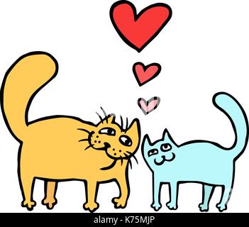 Cute enamored catsin in gelben und blauen Farbtönen. Romantische Stimmung. Freehand digital Maßbild. isolierte Vector Illustration. Stock Vektor