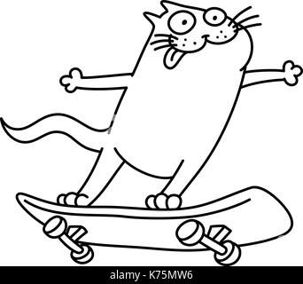 Cat reitet ein Skateboard. lustige Cartoon Charakter. Guten Tag. Farben Schwarz und Weiß. isolierte Vector Illustration. Stock Vektor