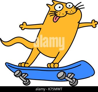 Cat reitet ein Skateboard. lustige Cartoon Charakter. orange und blau Farben. isolierte Vector Illustration. Stock Vektor