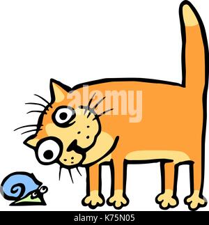 Katze Aufpassen der Schnecke. Vector Illustration. freundliche Haustier und lustige Slug. Stock Vektor