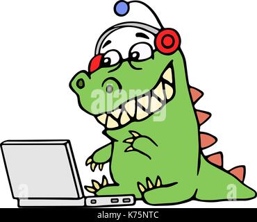 Cartoon grüne Dinosaurier an der silbernen Laptop sitzen. Vector Illustration. digitale Zeichnung cute imaginären Charakter. Stock Vektor