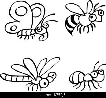 Cute Insekten fliegen und Krabbeln. Vector Illustration. Kontur Freihand digitale Zeichnung Zeichen. Schmetterling, Wespe, Libelle und Ant. Weiß ba Stock Vektor
