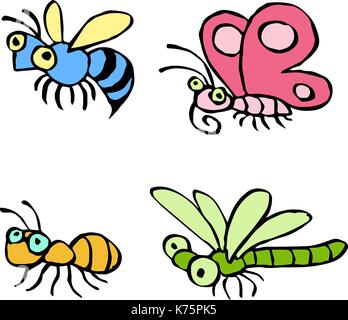 Cartoon Insekten fliegen und irgendwo kriechen. Vector Illustration. Kontur Freihand digitale Zeichnung niedlichen Figuren. Schmetterling, Wespe, Libelle und ein Stock Vektor