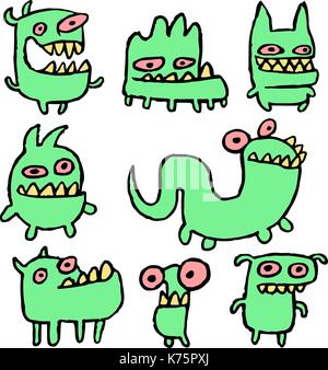 Lustige grüne Monster in verschiedenen Formen Vector Illustration. Kontur Freihand digitale Zeichnung Cute Pet. Weiße Farbe Hintergrund. Fröhliche Sammlung C Stock Vektor