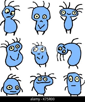 Lustige blaue Dinge in verschiedenen Formen Vector Illustration. Kontur Freihand digitale Zeichnung verrückte Monster. weiße Farbe Hintergrund. Freundliche collectio Stock Vektor