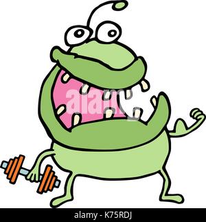 Cartoon grünes Monster hält eine Hantel. Sport. cute Charakter. Vector Illustration. Stock Vektor