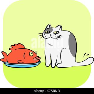 Rote Fische und niedlichen Tomcat Vector Illustration auf grünem Hintergrund. Cartoon Funny Pet Happy Charakter. Ein köstliches Gericht von Meeresfrüchten für Web-Symbol. Stock Vektor
