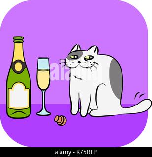 Champagner Flasche mit Glas und Katze. Vector Illustration. lustige Tier Charakter. Stock Vektor