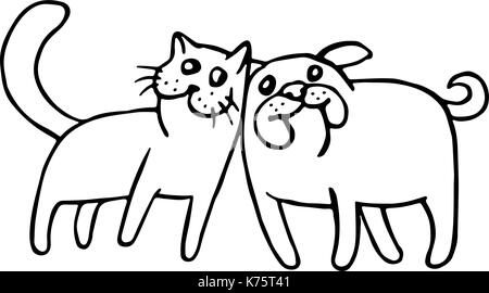 Lustige Katze und Hund. isolierte Vector Illustration. zusammen für immer. beste Freunde Zeichentrickfiguren. Stock Vektor