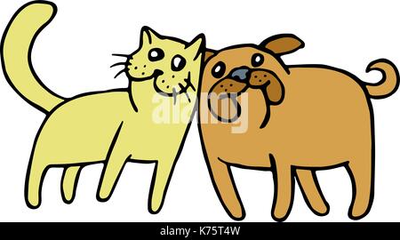 Freundschaft einer Katze und einem Hund. cartoon Bild Pelztiere. Art Emotionen. Feiertage Paare. zusammen für immer. beste Freunde. Vector Illustration. Stock Vektor