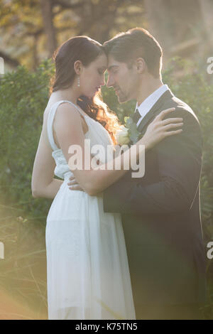 Romantische jungvermählte Paar mit geschlossenen Augen zu stehen, die von Pflanzen im Park Stockfoto
