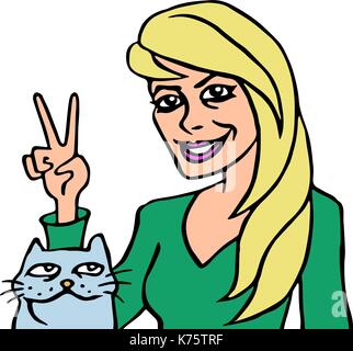 Sie und ihre Katze. lustige Comicfiguren. Vector Illustration. Stock Vektor