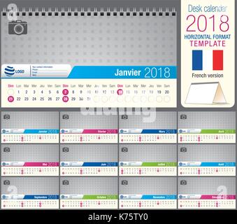 Nützliche Schreibtisch Dreieck Kalender 2018 Vorlage für den Druckvorgang bereit. Größe: 22 cm x 12 cm. Format horizontal. Französische Version Stock Vektor