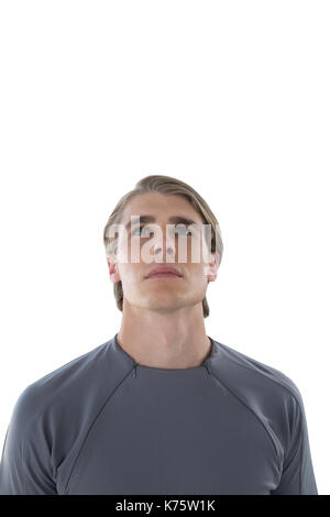 Nahaufnahme des beabsichtigten Geschäftsmann auf weißem Hintergrund suchen Stockfoto