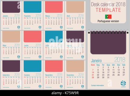 Nützliche Tischkalender 2018 Vorlage in Pastellfarben, bereit zum Drucken auf Laser- oder Offsetdruck. Größe: 150 mm x 210 mm. Format A5 hoch. Portugiesische versio Stock Vektor