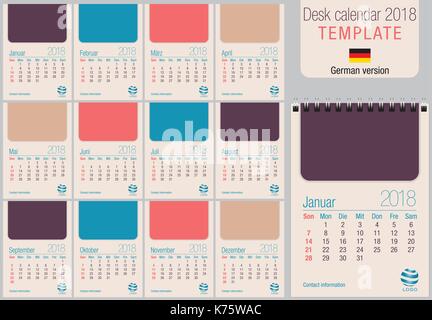 Nützliche Tischkalender 2018 Vorlage in Pastellfarben, bereit zum Drucken auf Laser- oder Offsetdruck. Größe: 150 mm x 210 mm. Format A5 hoch. Deutsche Version Stock Vektor