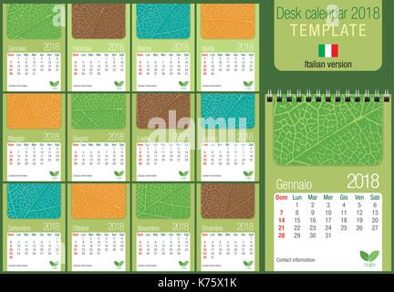 Nützliche Tischkalender 2018 Vorlage mit Blatt Textur auf grünem Hintergrund. Größe: 150 mm x 210 mm. Format A5 hoch. Italienische Version Stock Vektor