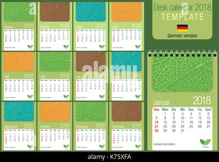 Nützliche Tischkalender 2018 Vorlage mit Blatt Textur auf grünem Hintergrund. Größe: 150 mm x 210 mm. Format A5 hoch. Deutsche Version Stock Vektor