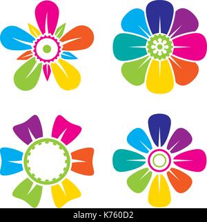 Satz von vier mehrfarbigen geometrischen Blumen-Symbole auf weißem Hintergrund   Vektorbild Stock Vektor