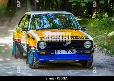 1981 Ford Escort MK2 Rallye Auto auf den Wald Bühne mit Chauffeur Paul Dyas am Goodwood Festival 2017 von Geschwindigkeit, Sussex, UK. Stockfoto