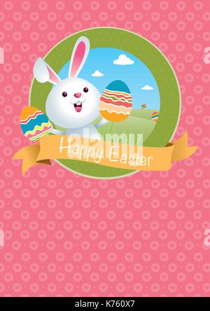 Frohe Ostern logo mit Kaninchen Holding bemalte Eier in seine Hände mit grünen Bergen und blauem Himmel mit Wolken Hintergrund in einem grünen Kreis Stock Vektor