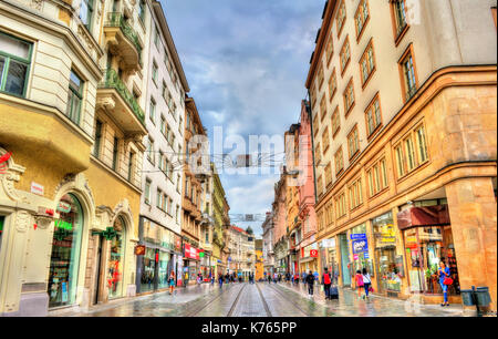 Blick auf Masarykova Street, die Hauptstraße der Stadt Brünn Stockfoto