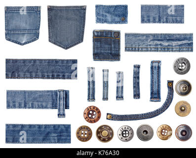 Sammlung von verschiedenen jeans Teile und Tasten Stockfoto