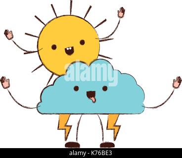 Cloud mit Blitzen und Sun kawaii Karikatur in unscharfer Farbe Silhouette Stock Vektor