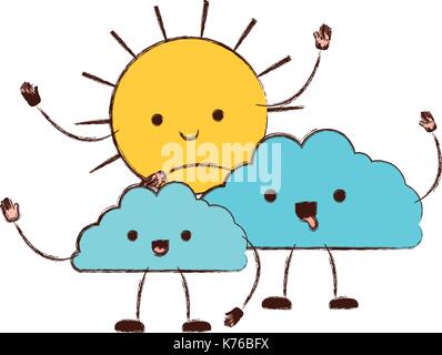 Wolken mit Sun kawaii Karikatur in unscharfer Farbe Silhouette Stock Vektor