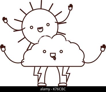 Cloud mit Blitzen und Sun kawaii Karikatur in brauner Farbe, Kontur Stock Vektor