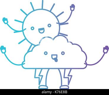 Cloud mit Blitzen und Sun kawaii Karikatur in Farbverlauf Silhouette von Violett bis Blau Stock Vektor