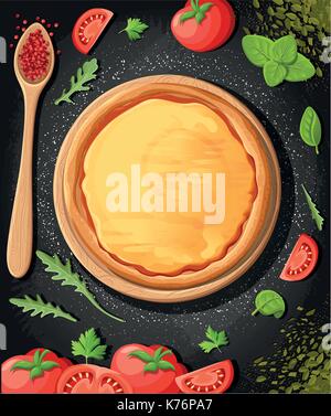 Pizza Menü schwarzes Brett cartoon Hintergrund mit frischen Zutaten Vektor-illustration Pizzeria Flyer vector Hintergrund. Zwei horizontale Banner mit Ingr Stock Vektor