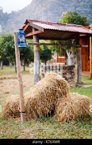 Einige resort ihren Platz im Land Thema dekorieren. Verwenden Sie alte Laterne, Stroh, gut und Kulisse, die Cowboy style beziehen. Stockfoto